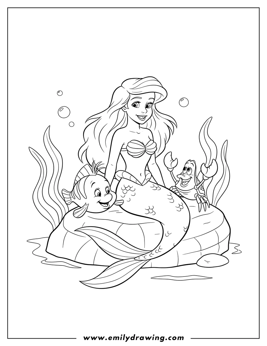 Full page coloring image of ariel sitting on a rock, smiling with Flounder and Sebastian