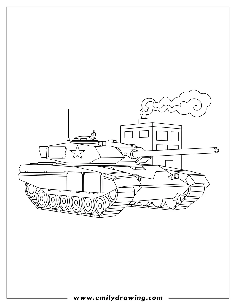 Doodle style coloring picture of simple Armata Russian Tank with a long gun barrel and a star emblem, with a smoking building background