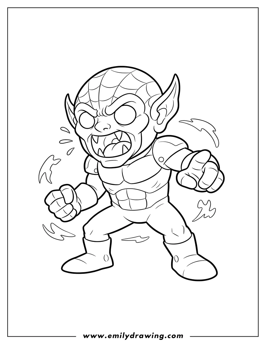 Black and white line art of simple armored Green Goblin roaring