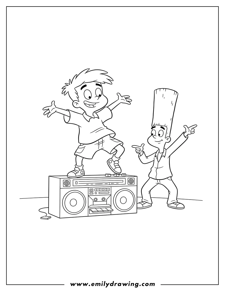 High quality printable arnold and Gerald dancing to a boombox, Arnold on the boombox, Gerald pointing and smiling for coloring