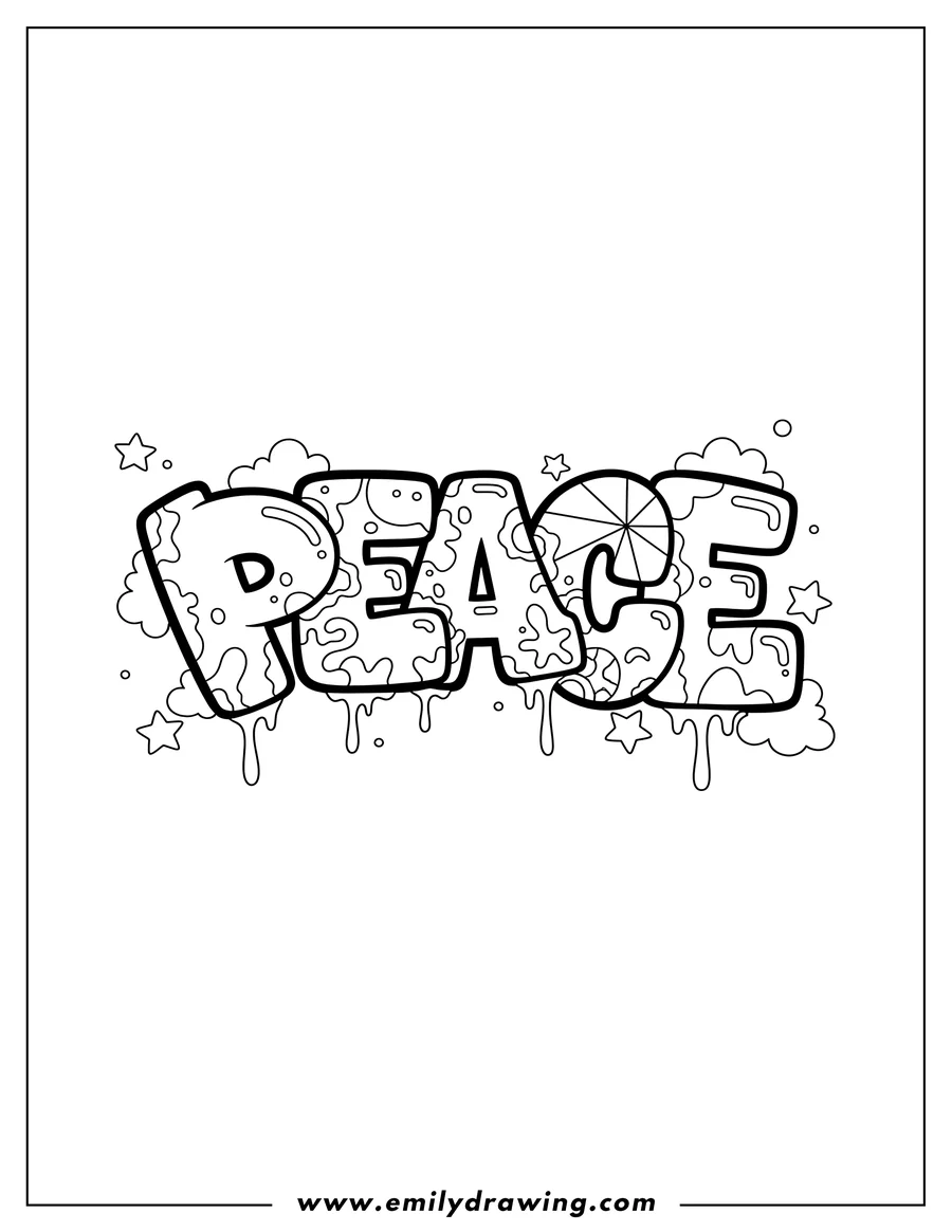 Free printable coloring sheet of artistic Graffiti Words spelling 'PEACE' with dripping letters