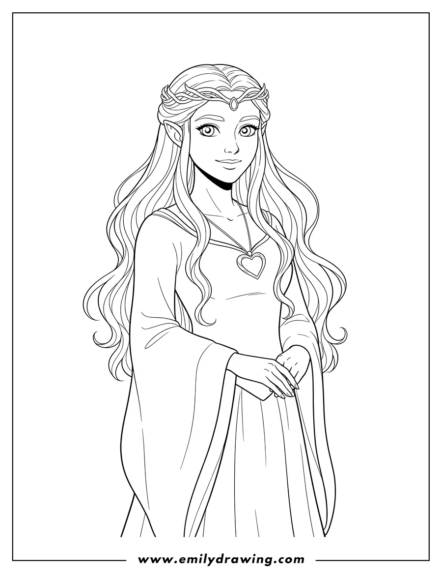 Vector style outline of lord Rings Arwen, wearing a circlet, with long wavy hair
