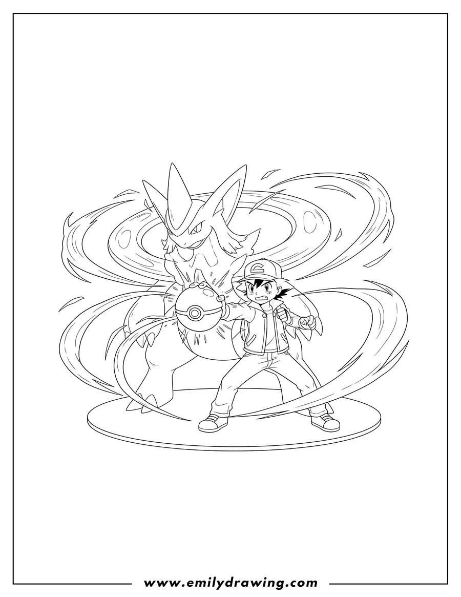 Printable line art of ash Ketchum Catching Arcues Pokeball, with his arm outstretched, standing beside a powerful Arceus surrounded by swirling energy