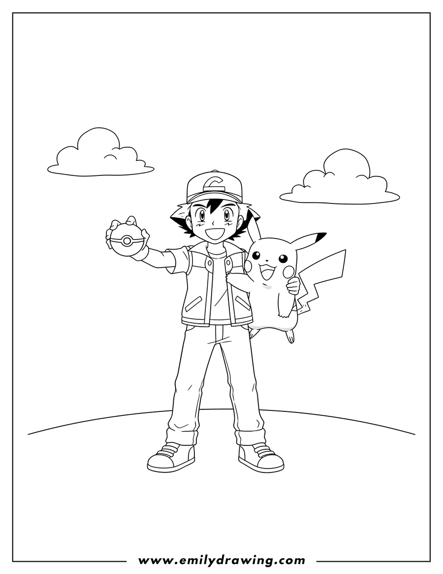 Free printable coloring sheet of ash Ketchum holding a Poké Ball, with a happy Pikachu beside him