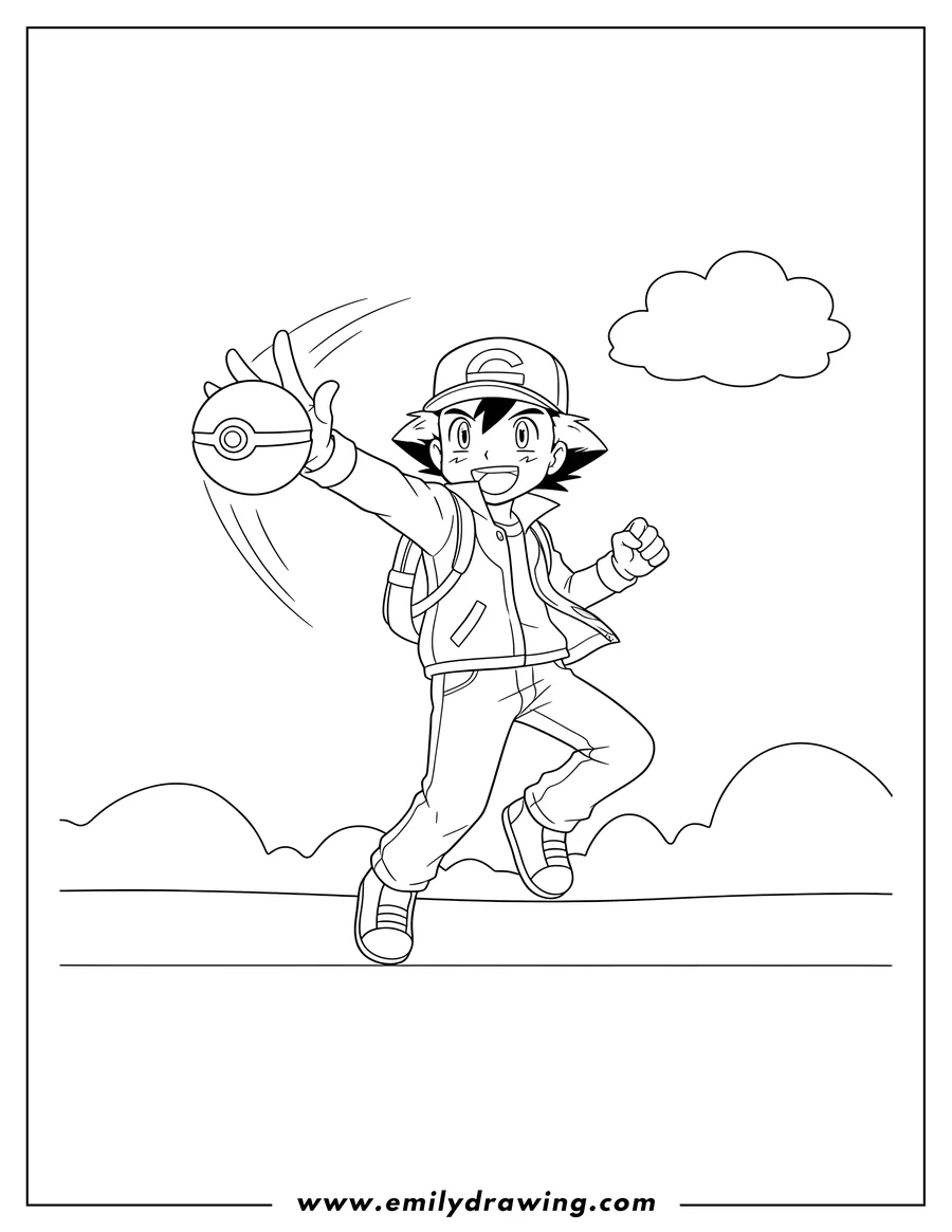 Clean line drawing: ash Ketchum jumping and smiling while throwing a Pokeball