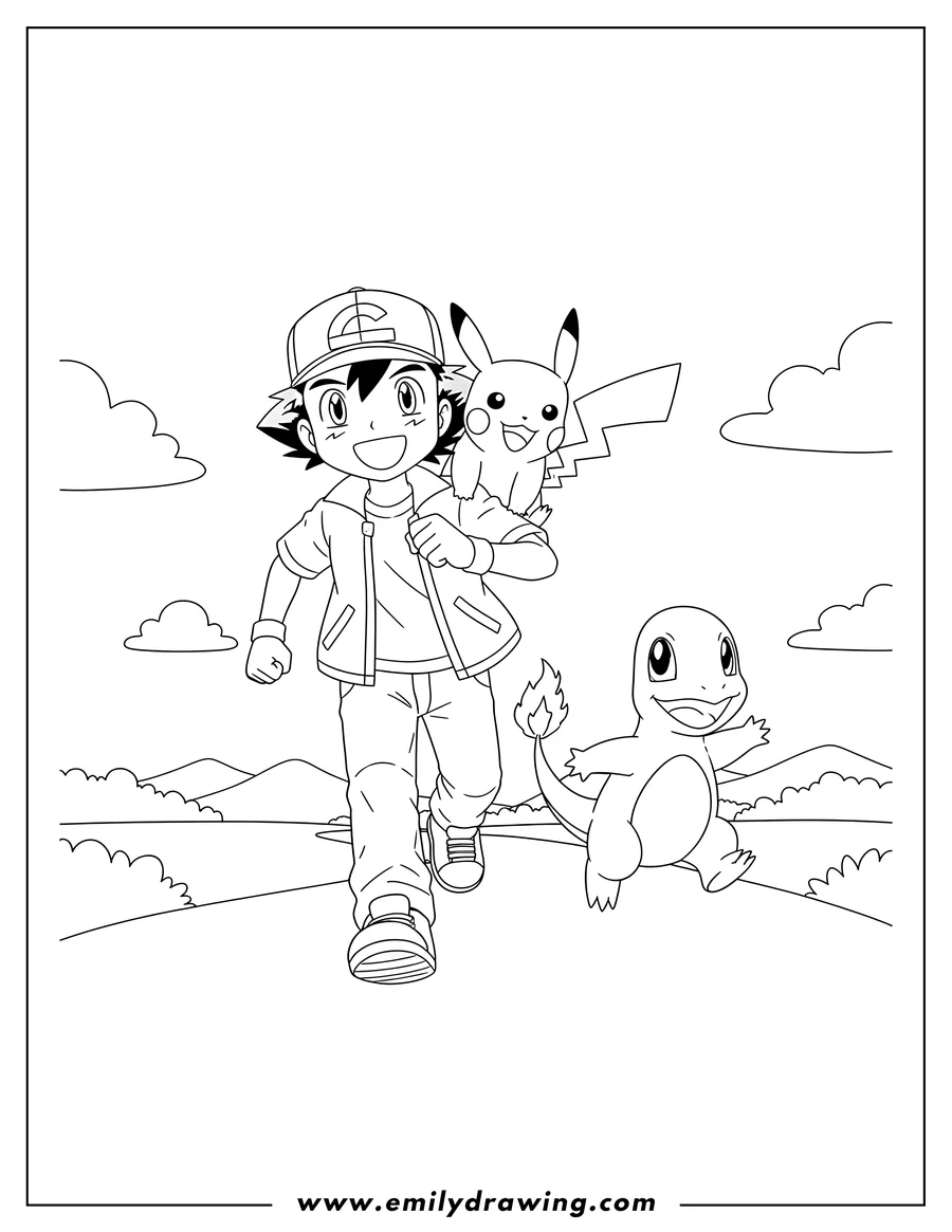 Outline drawing of ash Character With Pikachu And Charmander running cheerfully, with Pikachu on his shoulder