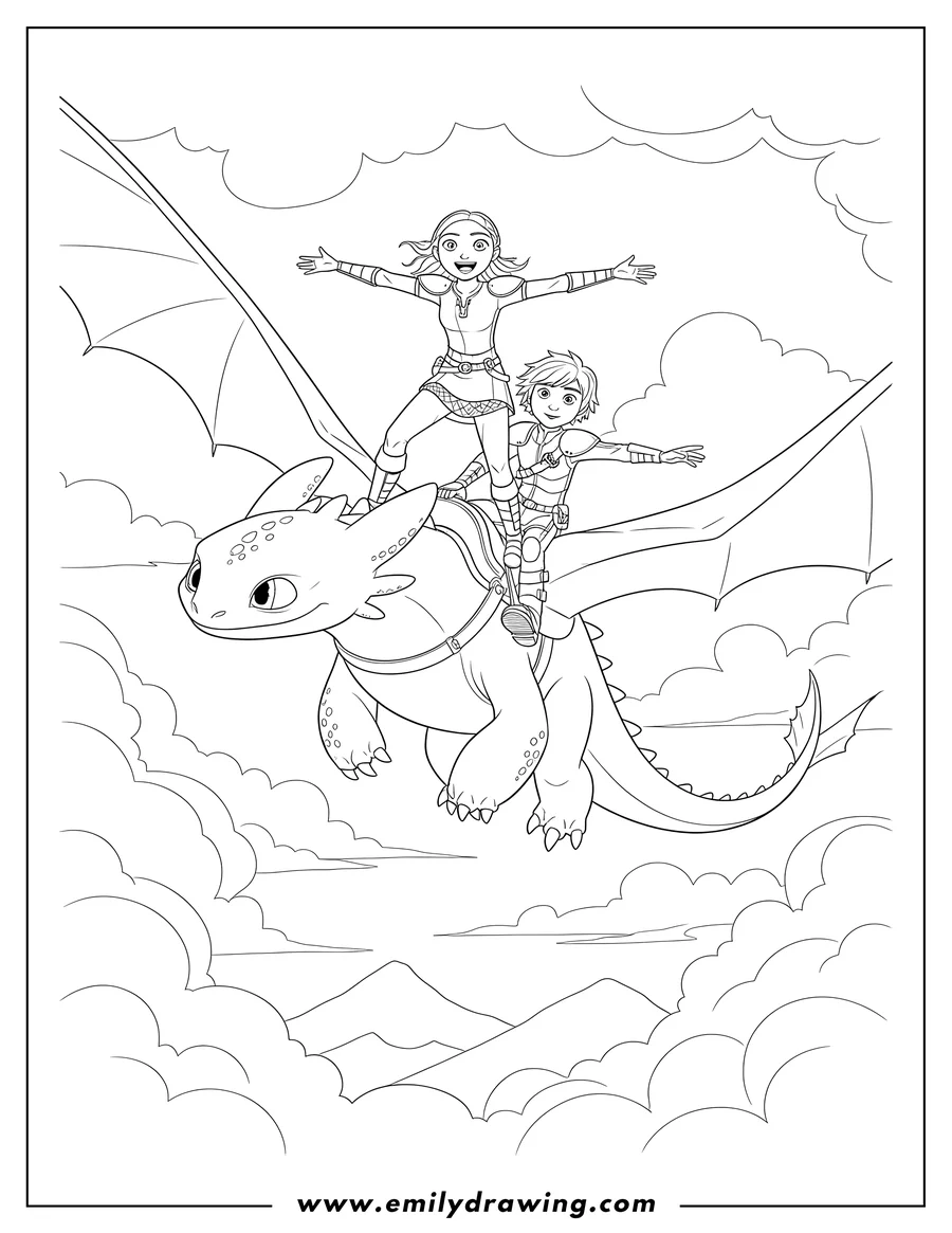 Simple sketch of hiccup And Astrid Riding Toothless flying with Astrid standing and arms outstretched to color