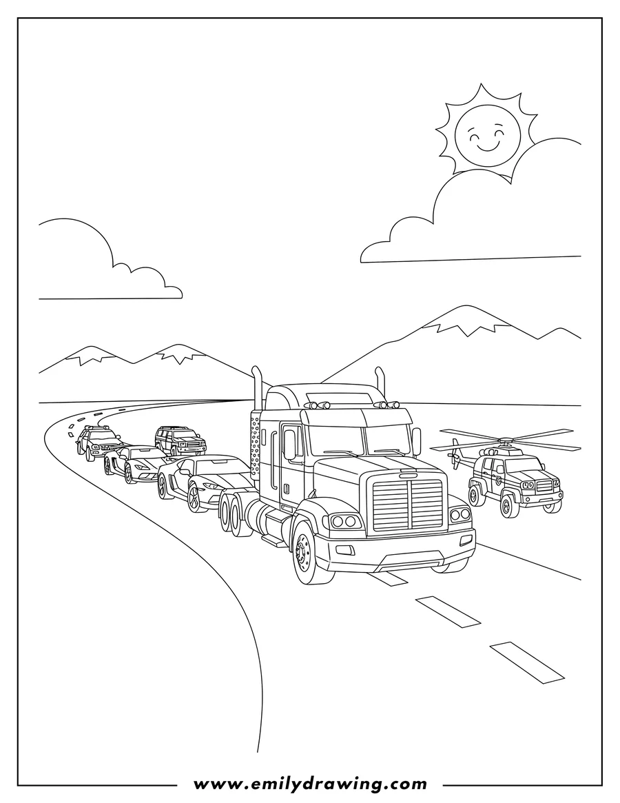 Printable line art of autobots On Road, a convoy of different vehicles