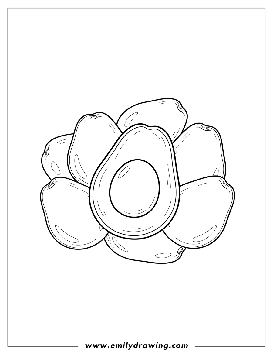 Linear illustration of simple Avocado Scaled, showing one avocado cut in half to reveal its pit, surrounded by other whole avocados