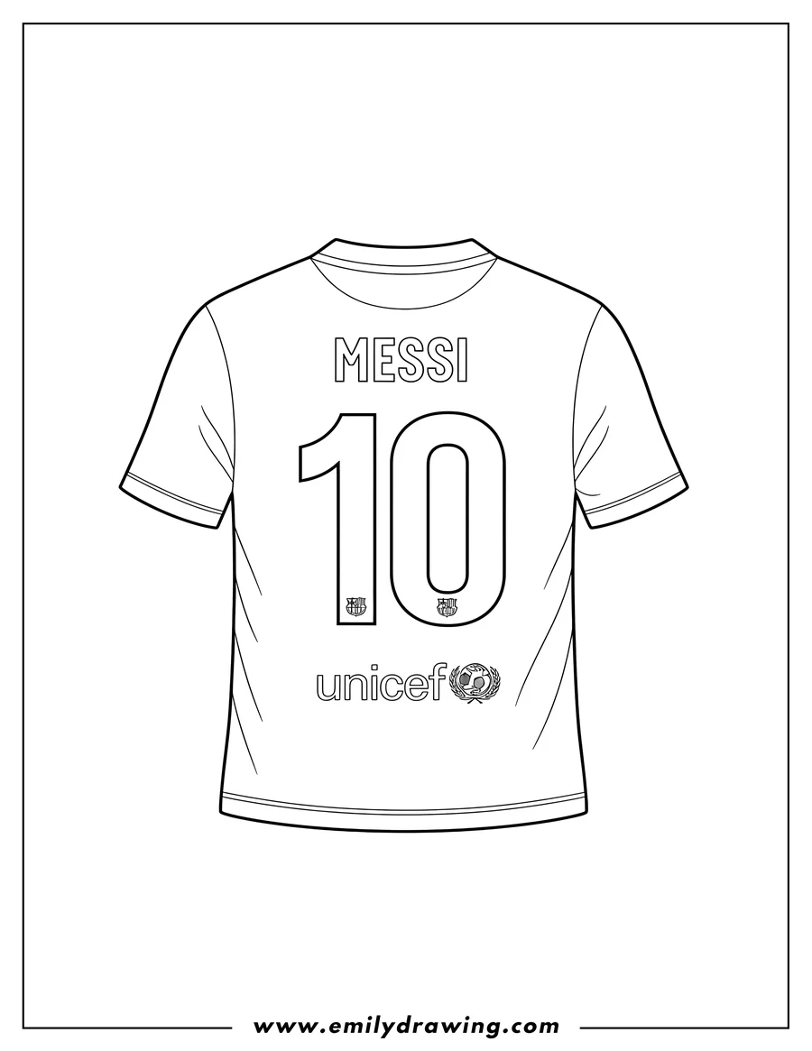 Free printable coloring sheet of back of Lionel Messi's number 10 jersey with the Unicef logo, ready to color