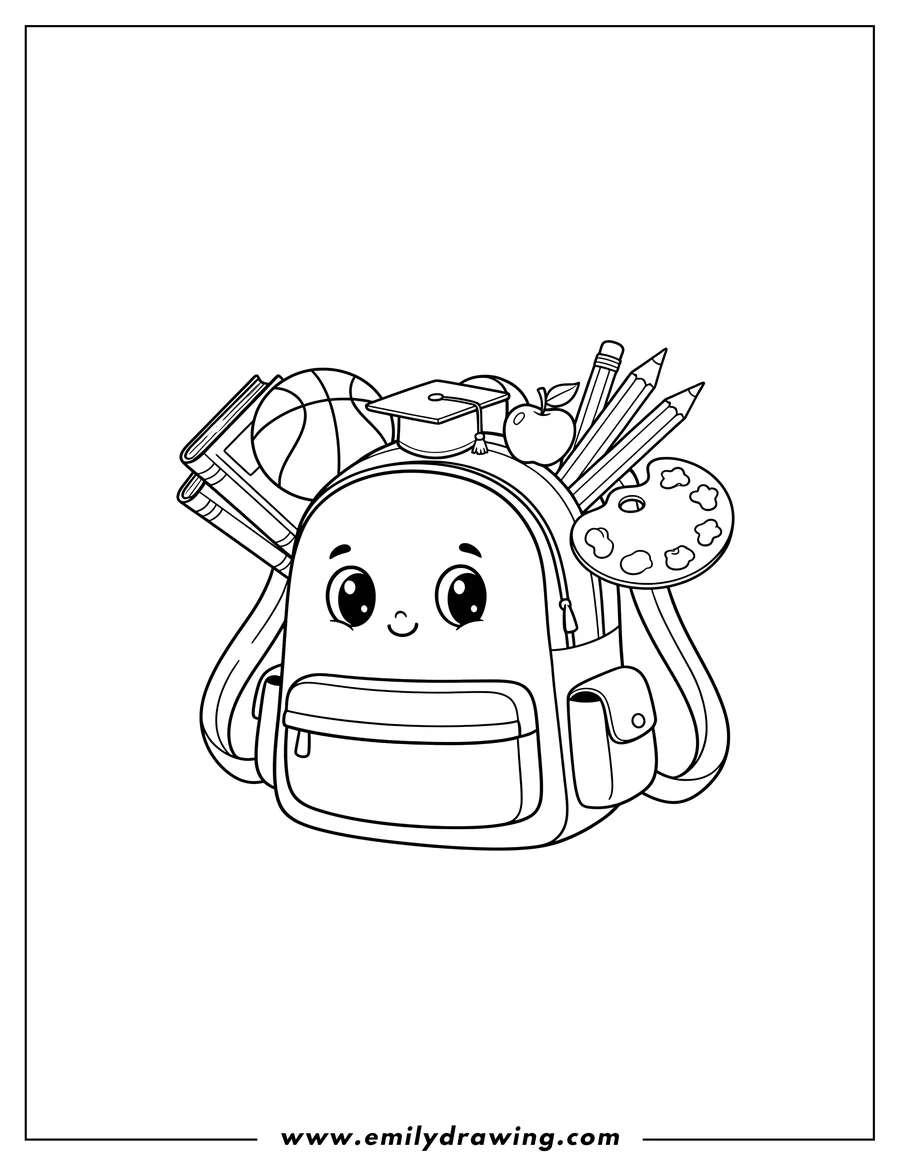 Coloring page for kids: back to School with a backpack, books, basketball, pencils, an apple, and a paint palette