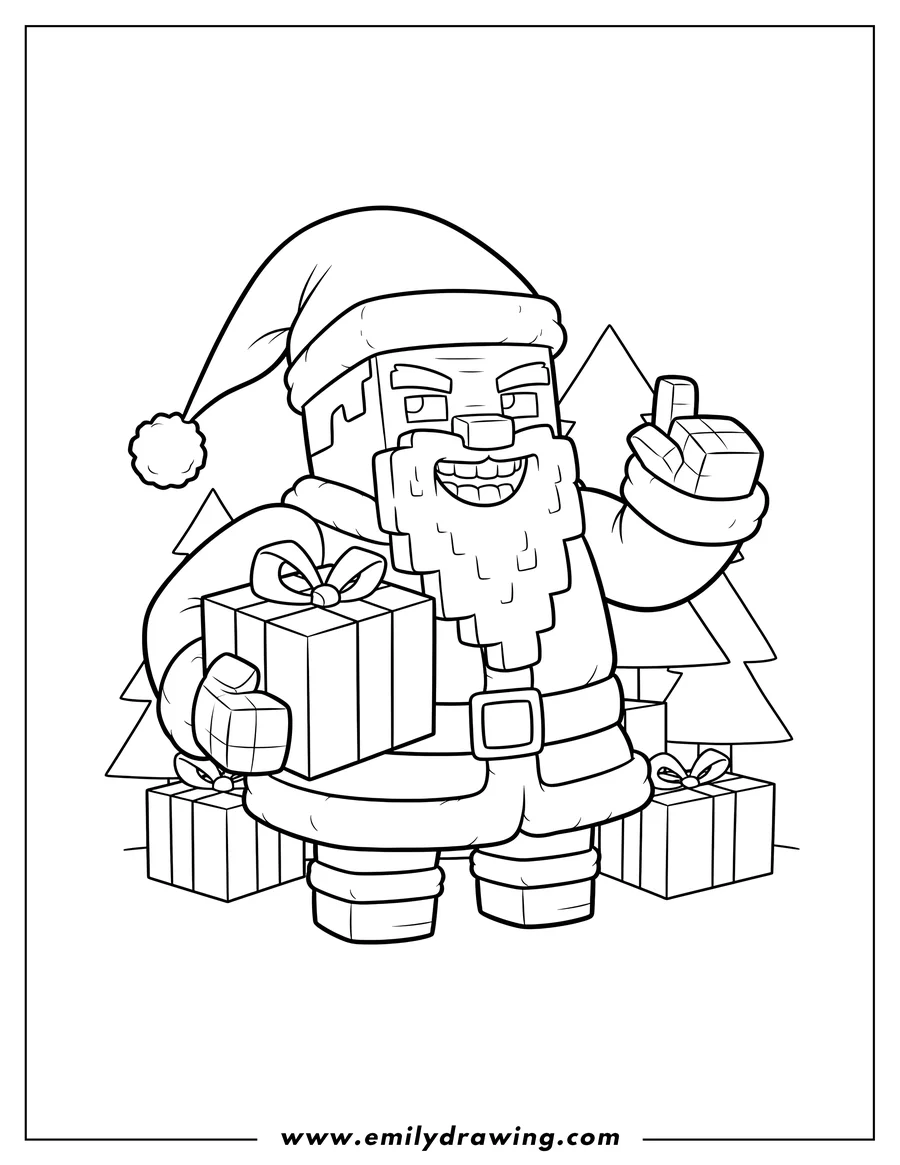 Printable coloring page of bad Minecraft Christmas Santa holding a large gift with a mischievous grin
