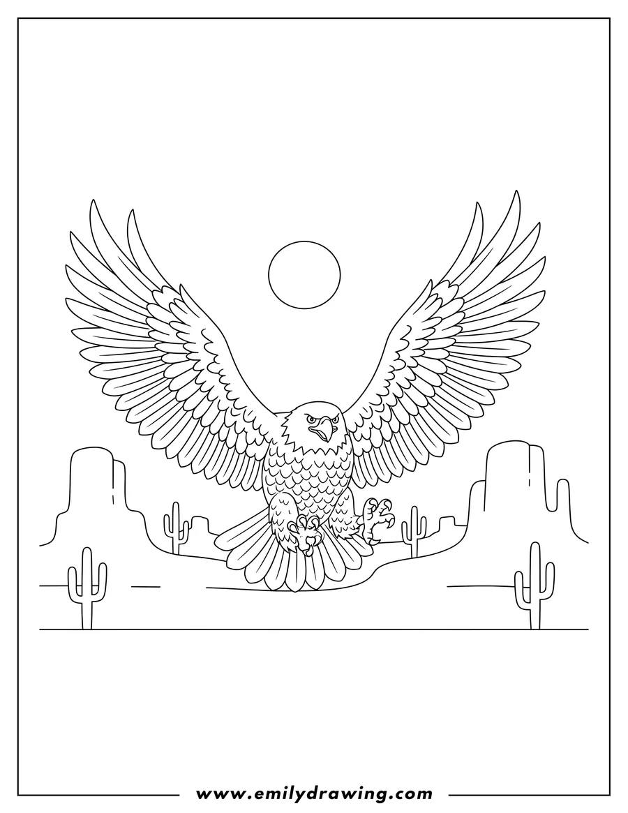 Printable line art of bald Eagle With Massive Wings Soaring Desert with outstretched talons