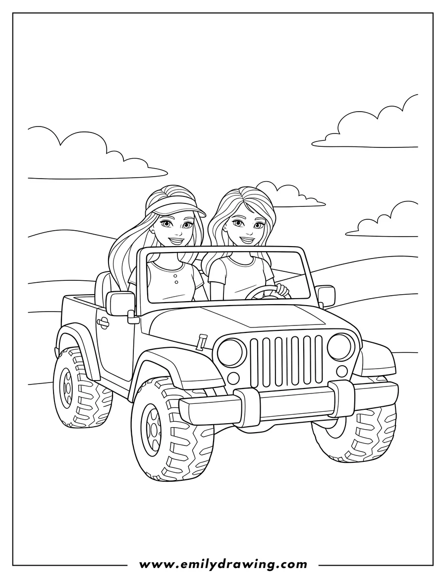 Black and white line art of barbie and friend driving a convertible jeep, smiling
