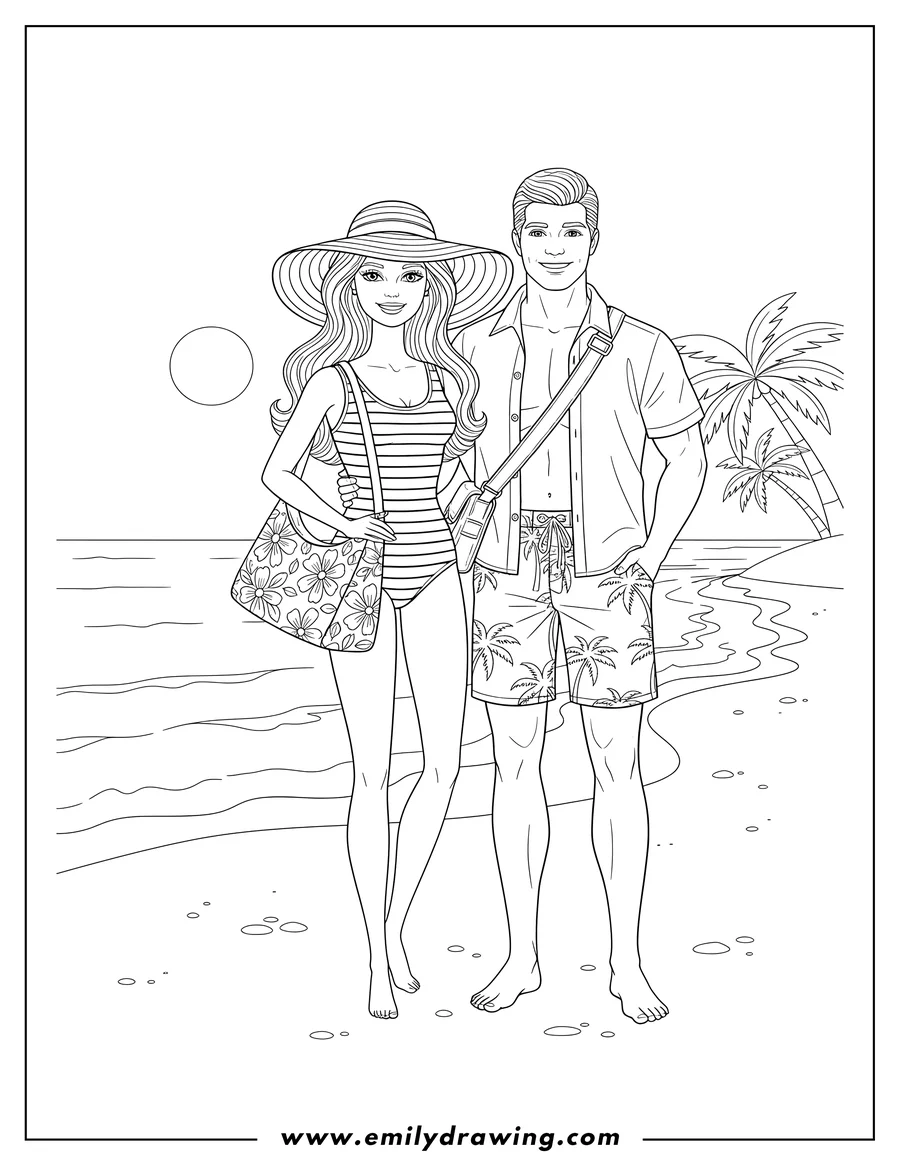 Simple sketch of barbie And Ken Dolls To Color Scaled, in swimsuits on a beach with shoulder bags to color