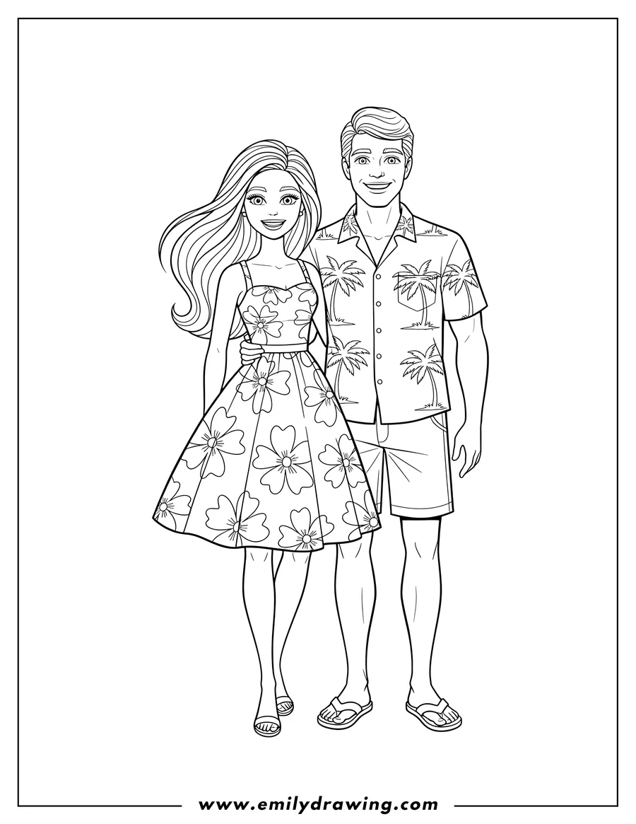 Outline drawing of barbie and Ken standing together, Ken's arm around Barbie, both smiling