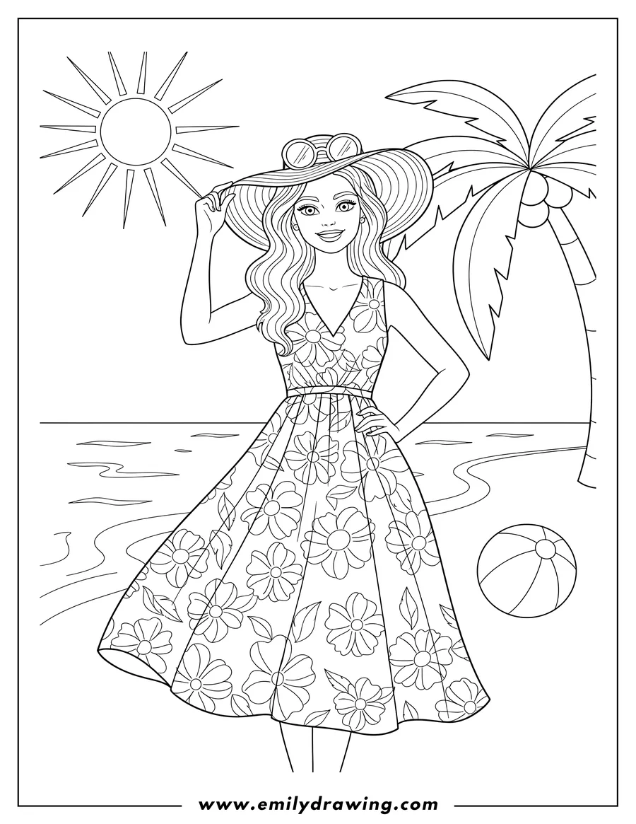 High quality printable barbie at the beach, wearing a floral dress with sunglasses on her head for coloring