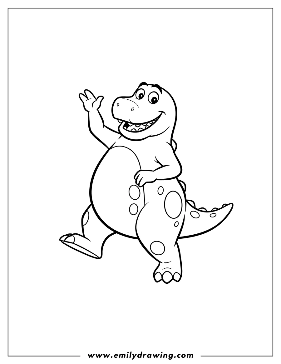 Simple sketch of simple Barney dancing, smiling broadly with one arm raised and body spots to color