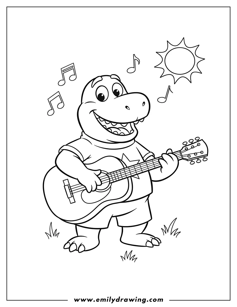 High quality printable barney singing and playing guitar with a wide smile for coloring
