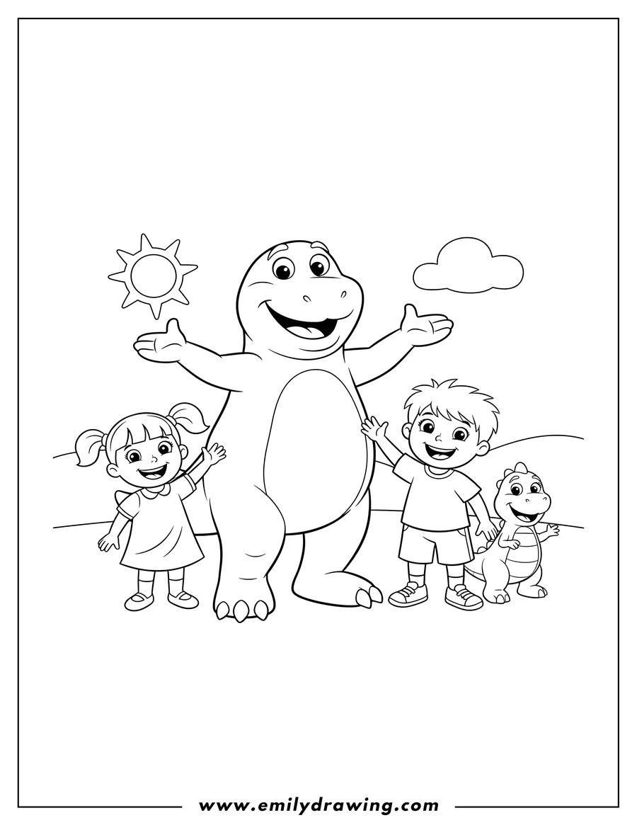 Printable line art of barney the dinosaur and his friends smiling
