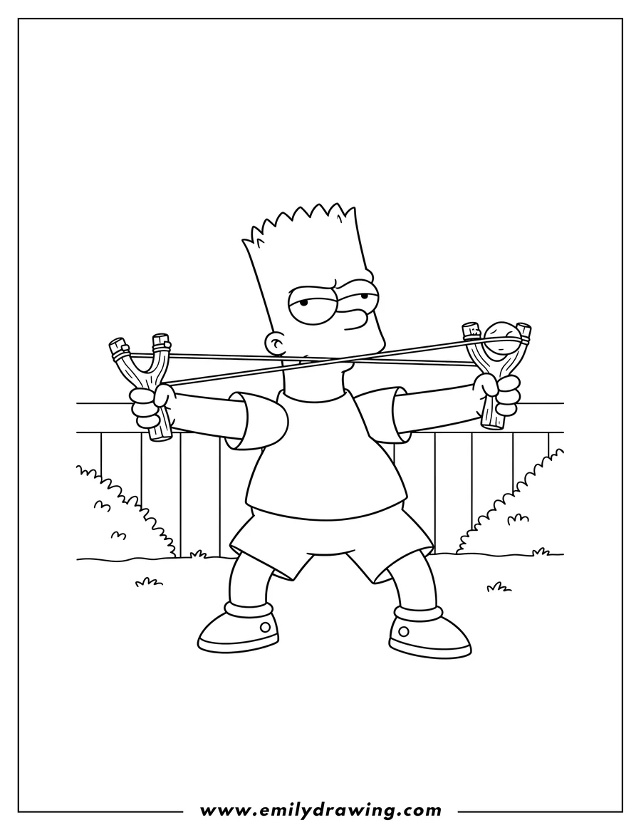 Coloring sheet featuring bart Simpson aiming a slingshot, pulling it back with a determined expression