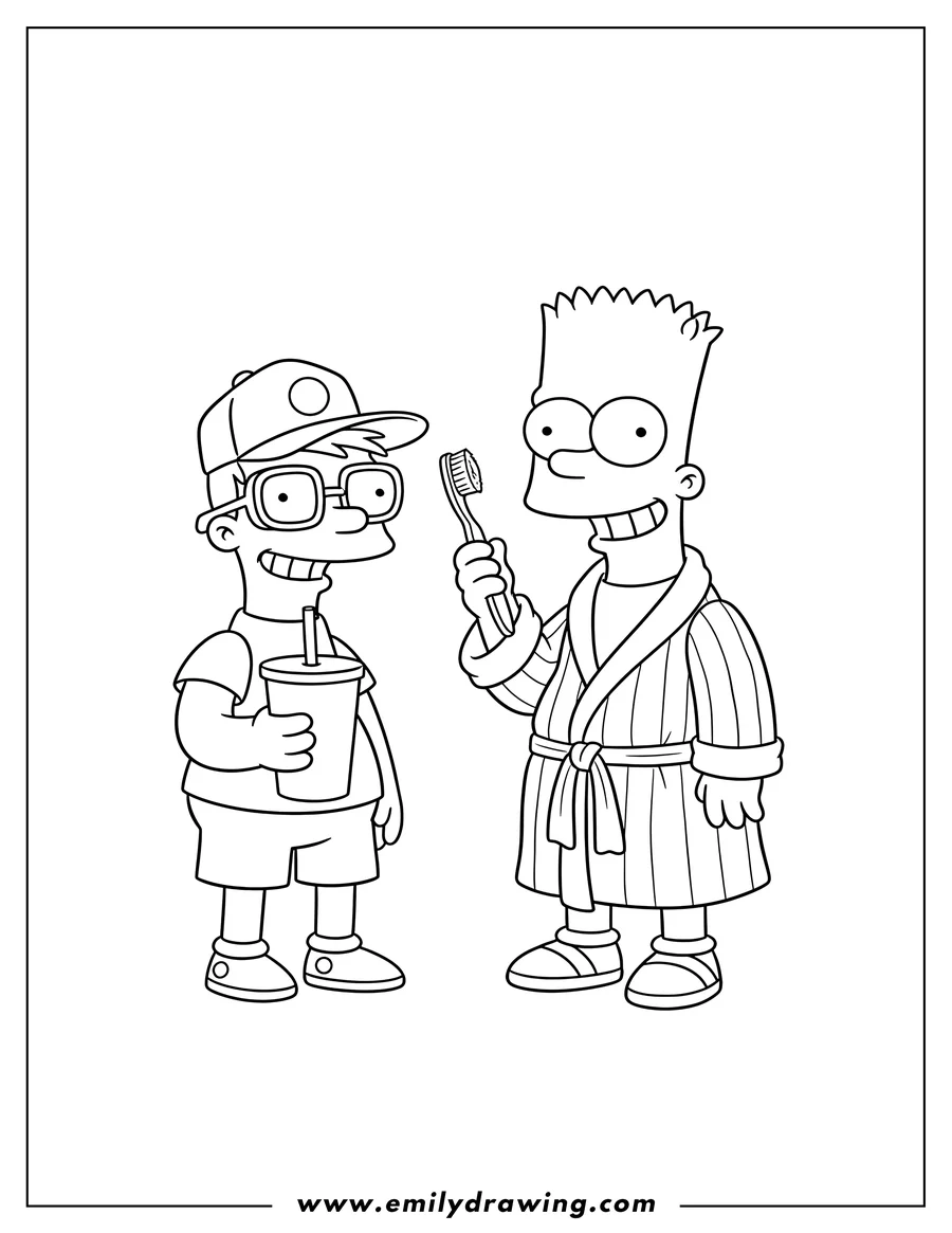 Free printable coloring sheet of milhouse and Bart: Bart in a robe holding a toothbrush, Milhouse in a cap and glasses holding a drink, To Color Scaled