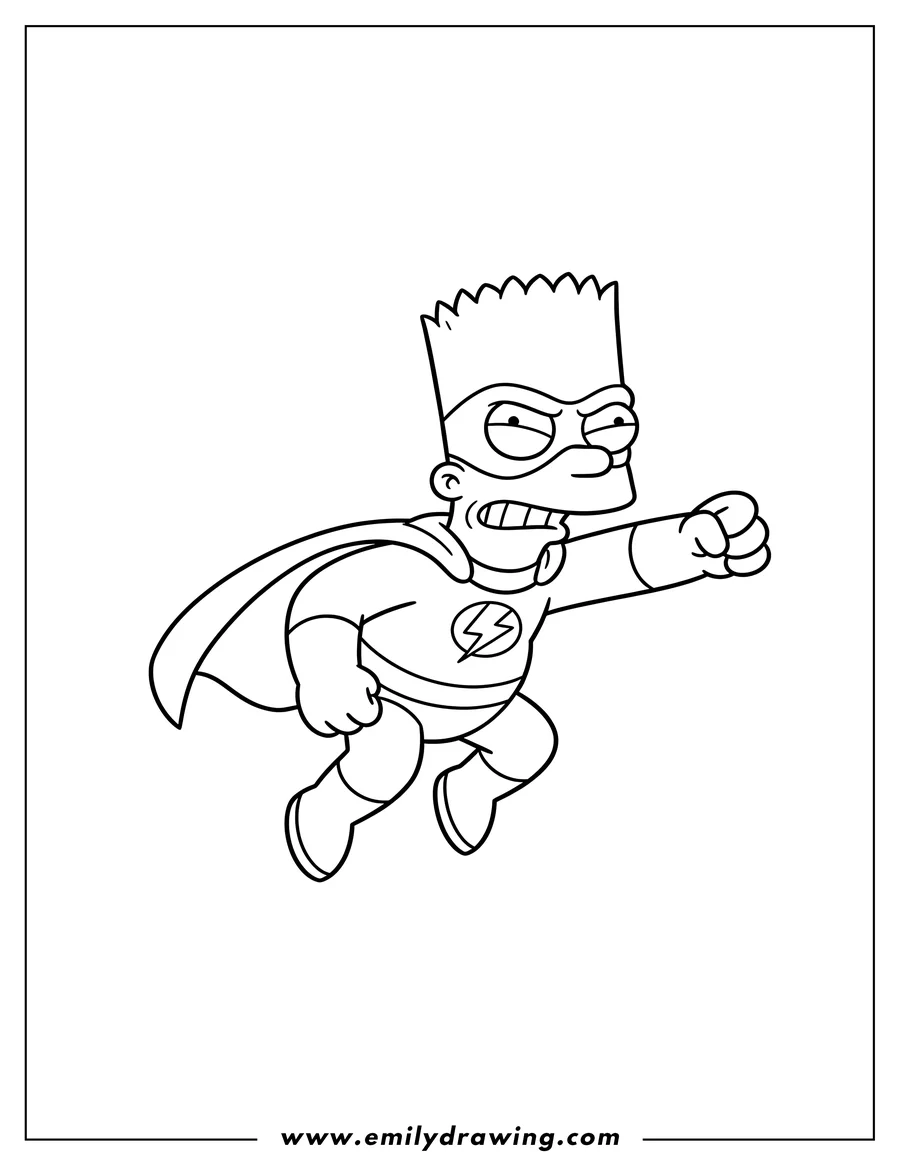 PDF style coloring page: simple Bart Simpson in superhero costume, with a straining expression and one arm outstretched, for preschoolers