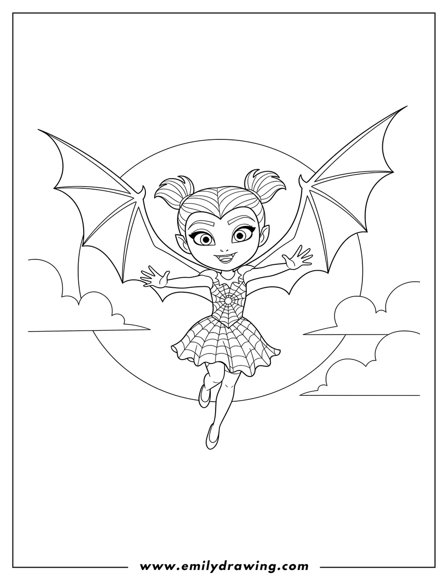 Outline drawing of bat Vampirina Flying, smiling with outstretched wings