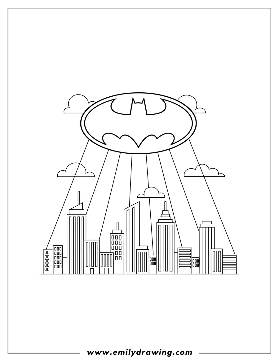 Free to print drawing of batman symbol shining on a city skyline