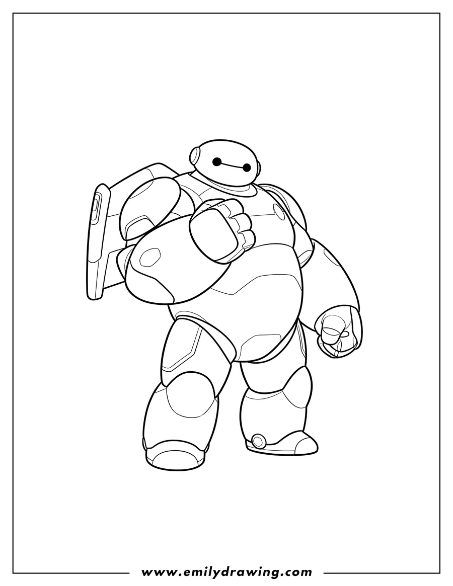 Full page coloring image of baymax Super Armor Outline standing with a clenched fist