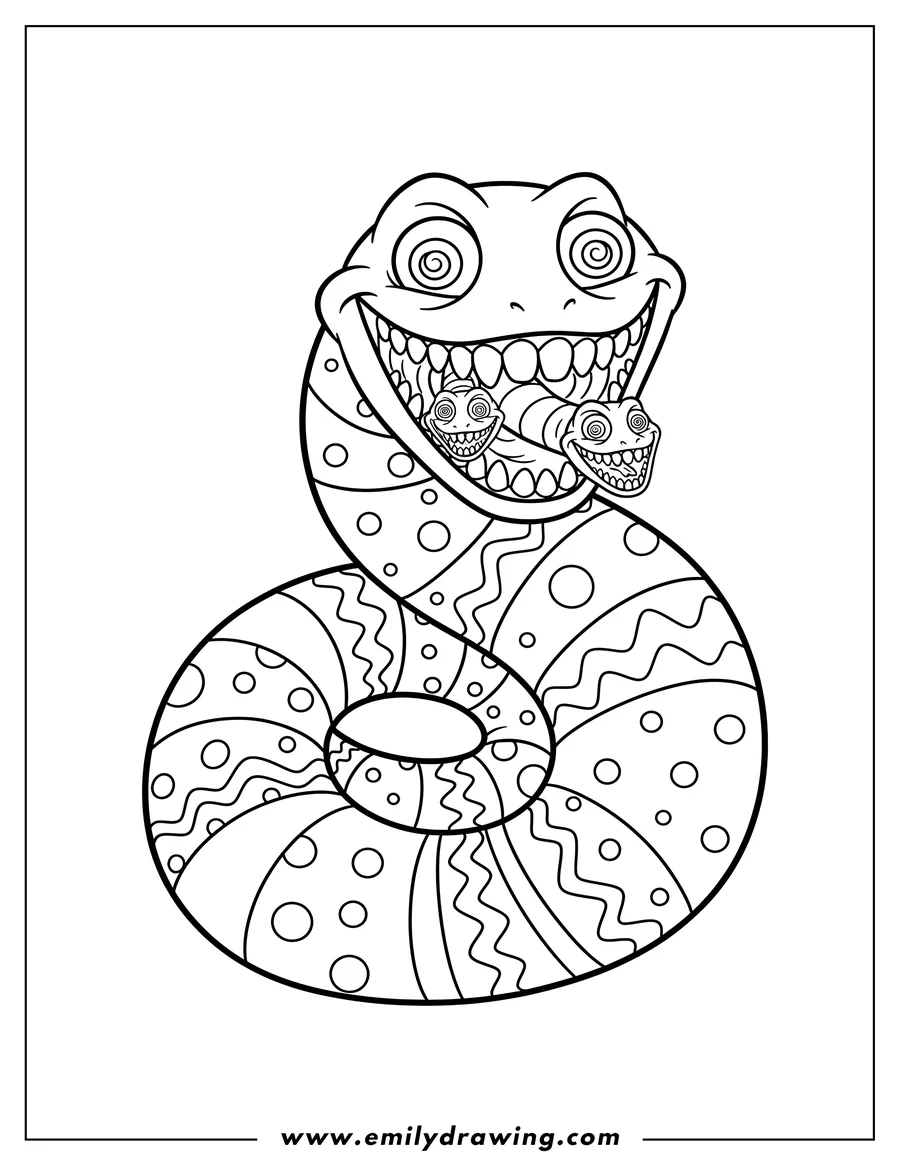 Doodle style coloring picture of [Scene]: Simple Beetlejuice Snake with a wide, toothy grin and coiled body