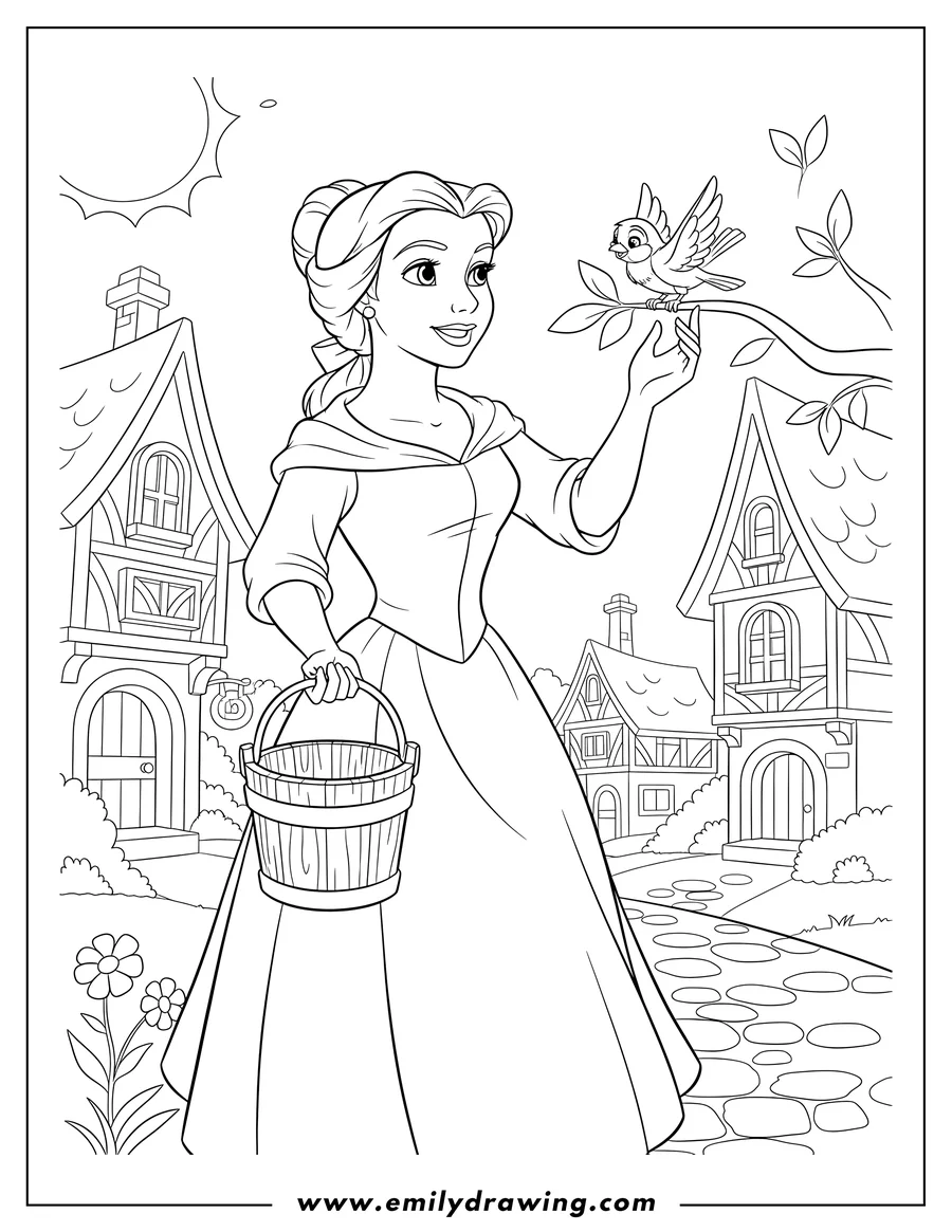Clean line drawing: belle holding a bucket and reaching for a bird in the village