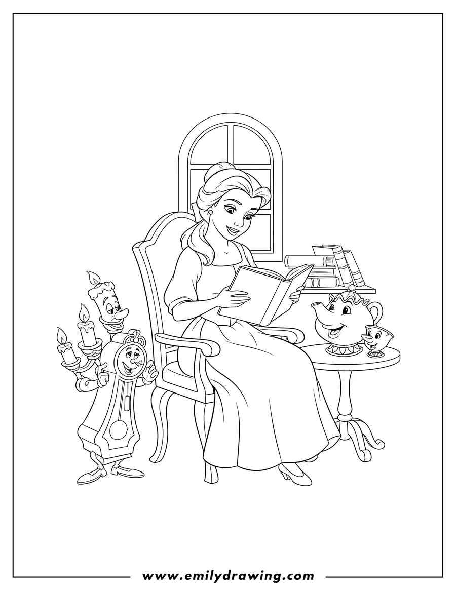 Black and white line art of belle sitting and holding an open book, reading to her enchanted friends Mrs. Potts, Chip, Lumiere, and Cogsworth
