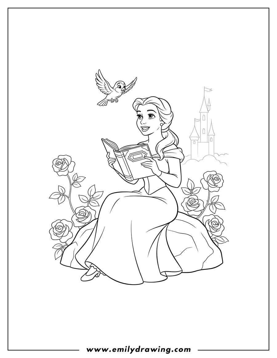 Clean line drawing: belle sitting on a rock, holding an open book, smiling at a flying bird