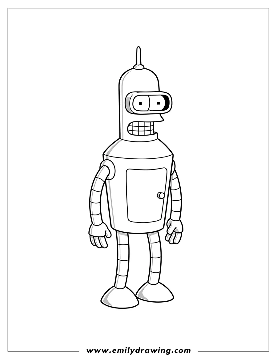 Coloring page of bender Robot From Futurama standing, line art coloring page