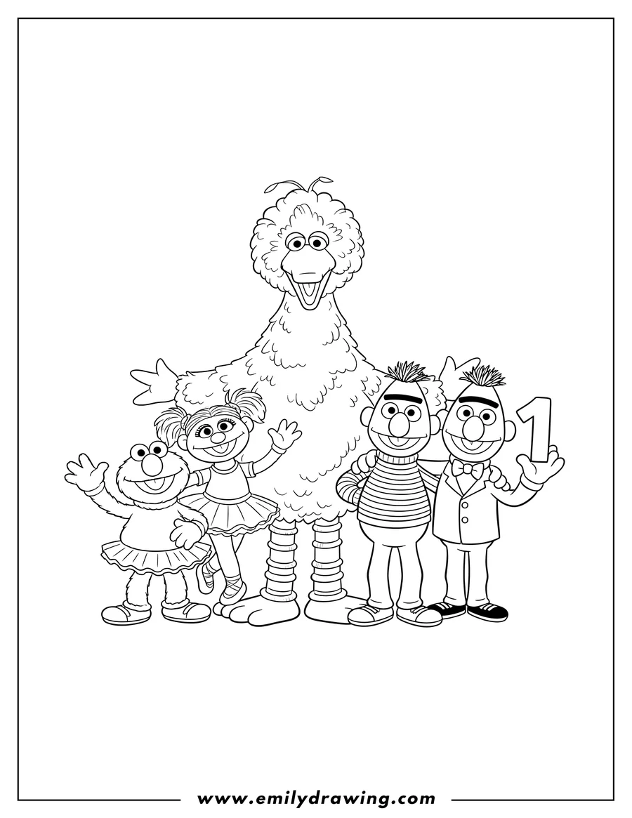 High quality printable bert Elmo Big Bird Zoe Ernie And Count Von Count posing and smiling together for coloring