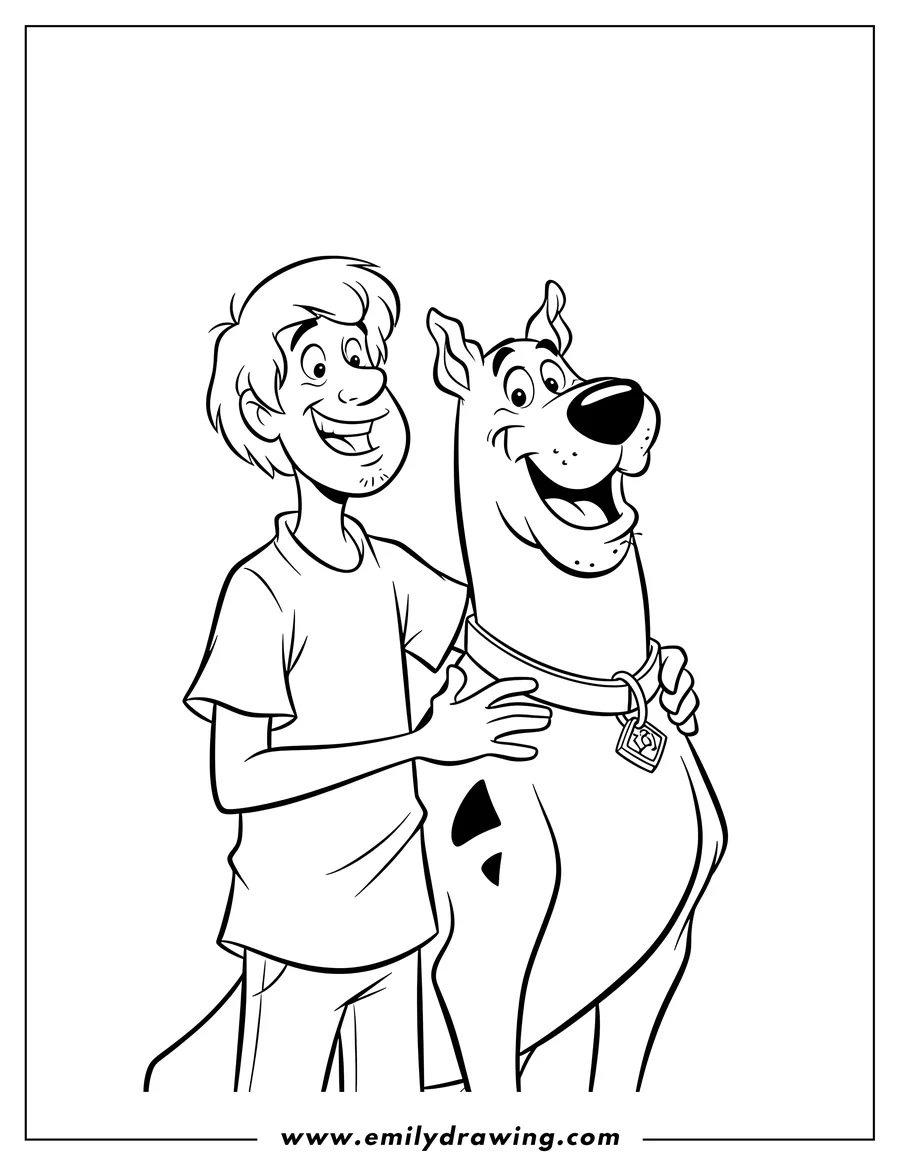 Clean line drawing: scooby Doo And Shaggy To Color Scaled, with Shaggy's arm around smiling Scooby's shoulder