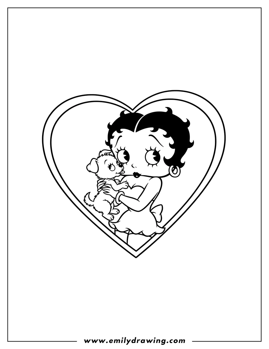Printable line art of betty Boop holding Pudgy who is licking her face, inside a heart