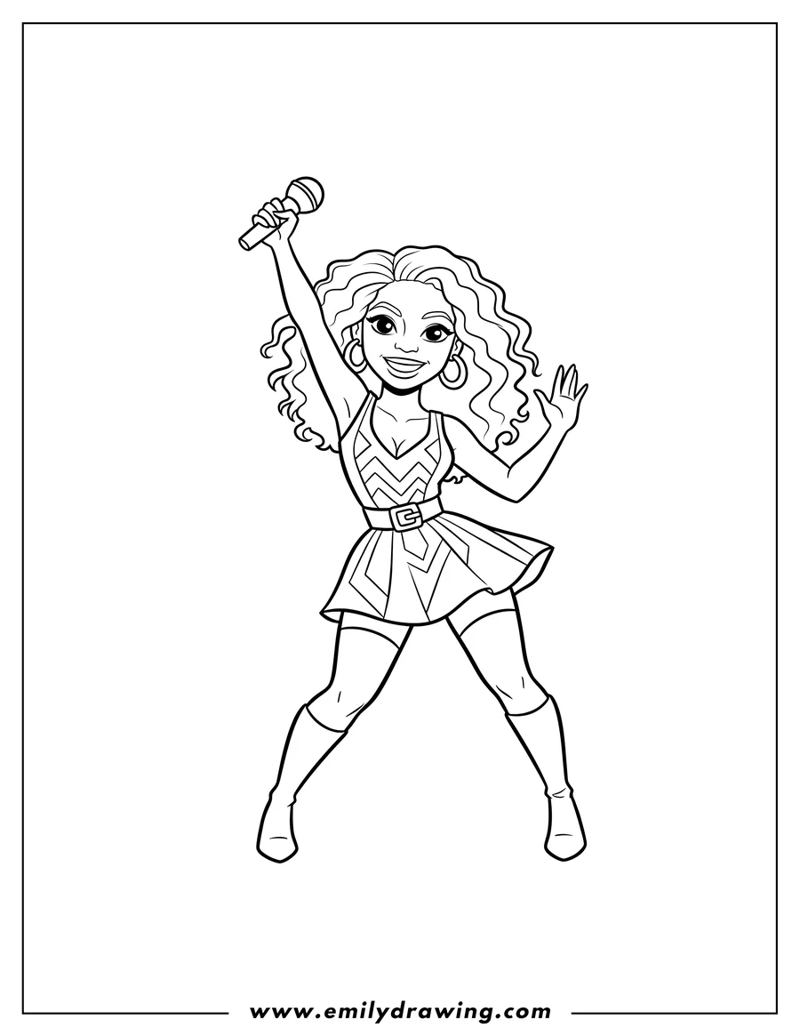 Coloring page of simple Beyonce Dancing Single Ladies, holding a microphone and waving