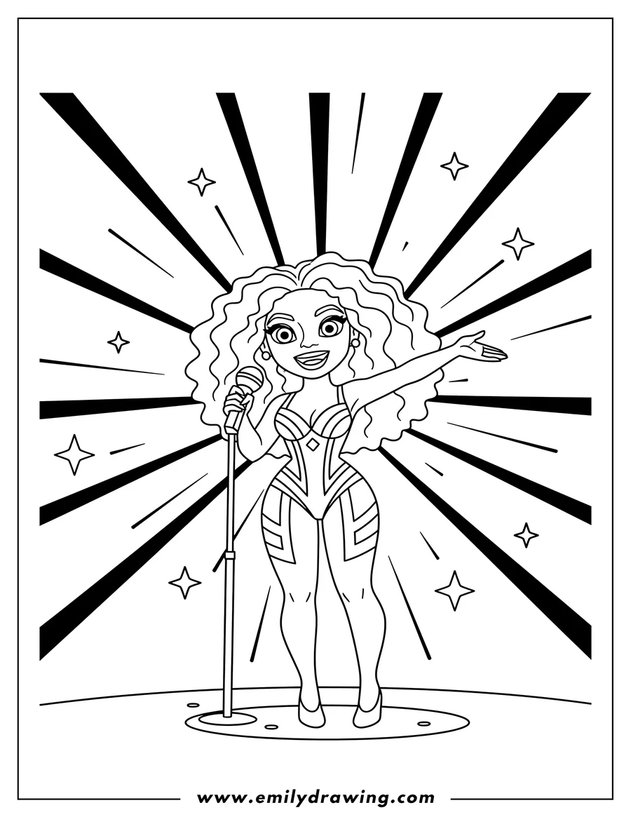 Coloring page of beyonce performing in a bodysuit, holding a microphone and smiling, with radiating stage lights