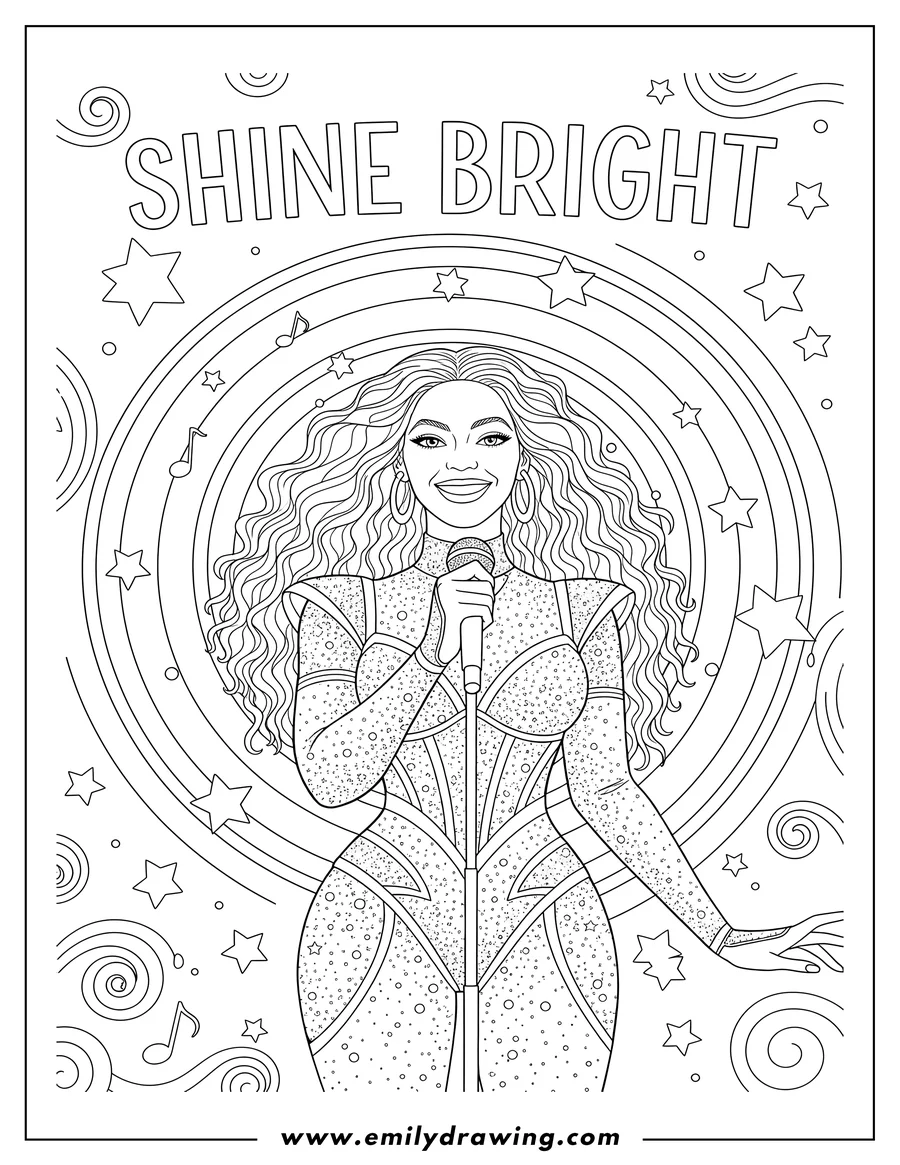 Downloadable coloring page of beyonce smiling and holding a microphone, performing in a starry spotlight with 'Shine Bright' quote