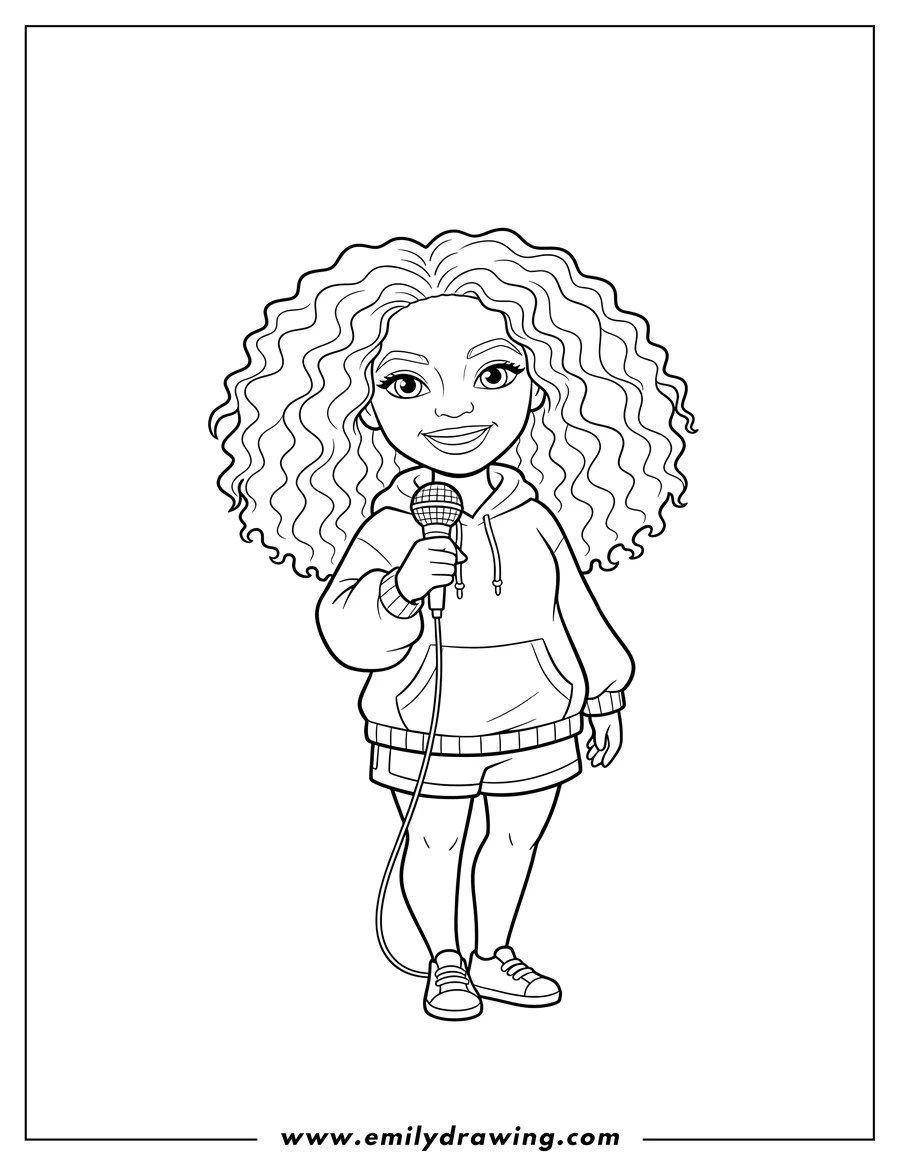 Coloring sheet featuring simple Beyonce with curly hair, holding a microphone, wearing a hoodie and shorts