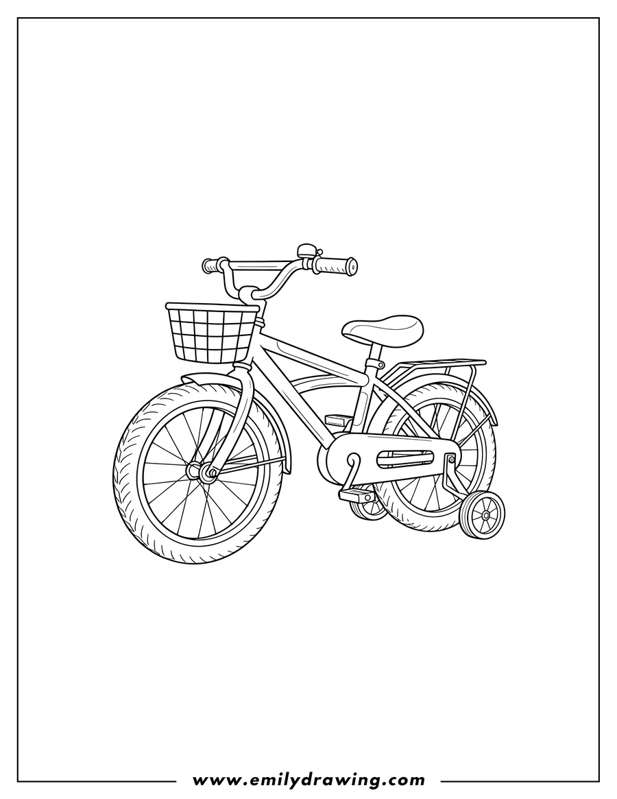 Black and white line art of simple Bicycle With Training Wheels, with fenders