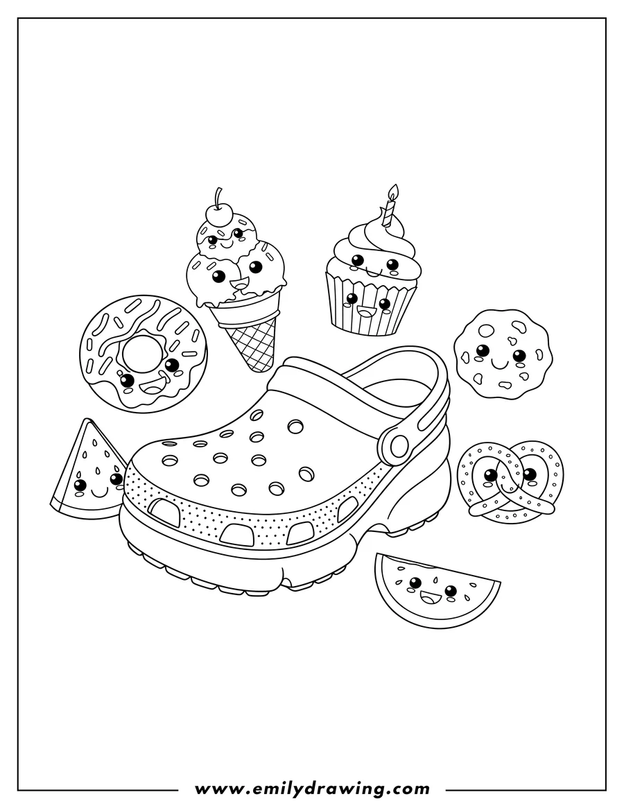 Full page coloring image of A Crocs Mschf Boot coloring page for preschoolers, surrounded by cute smiling desserts and snacks