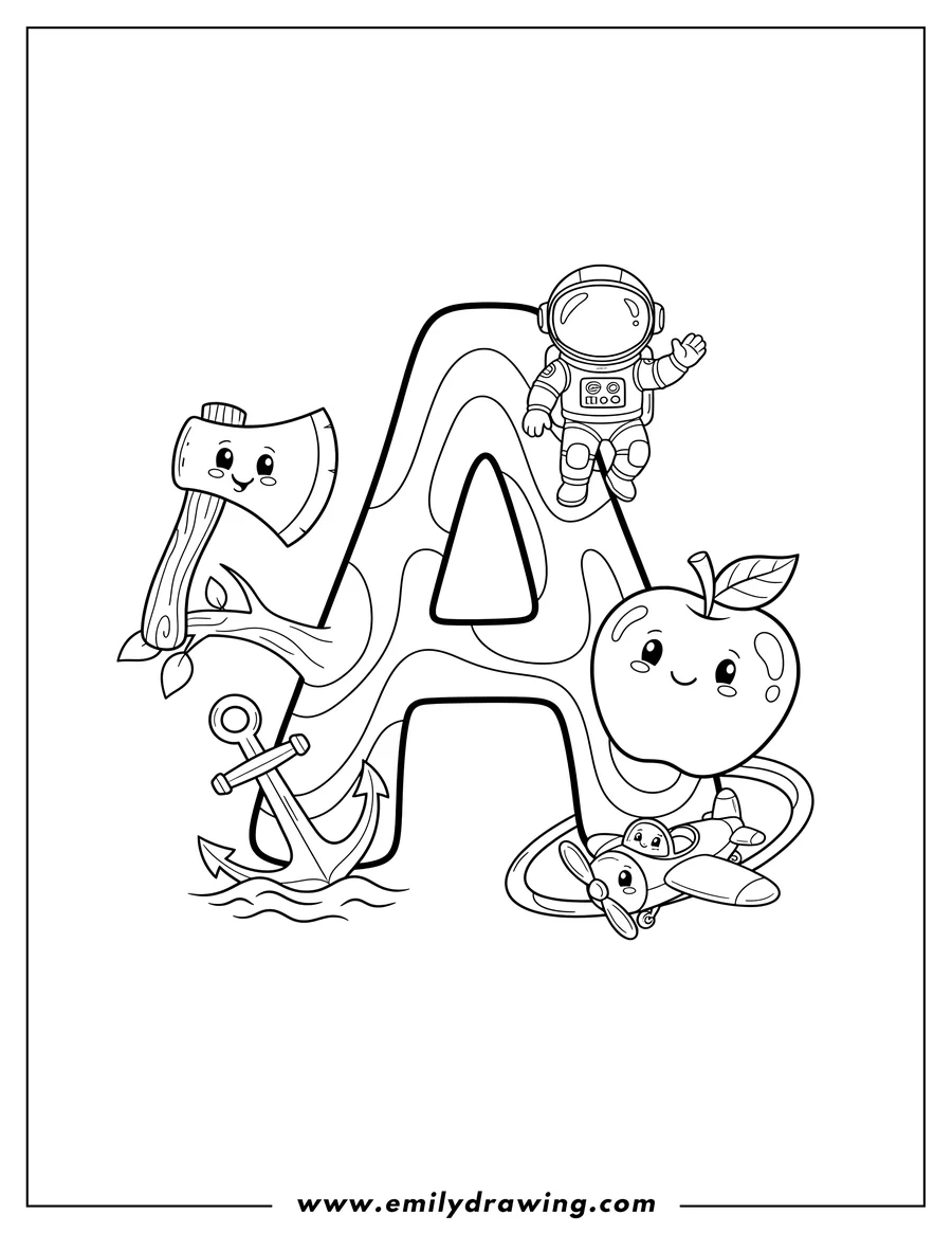 Black and white line art of big letter A with objects that start with A, like an axe, anchor, and apple
