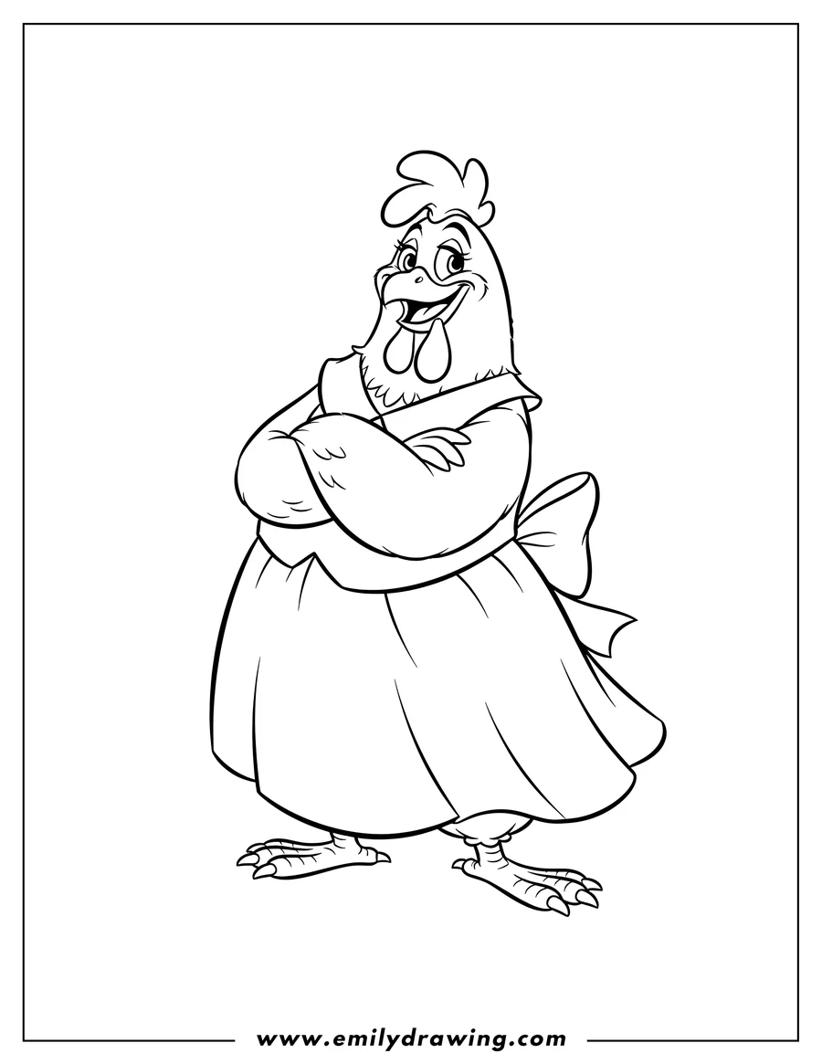 Printable coloring page of simple Big Mama Outline, standing with crossed wings and a smirking expression