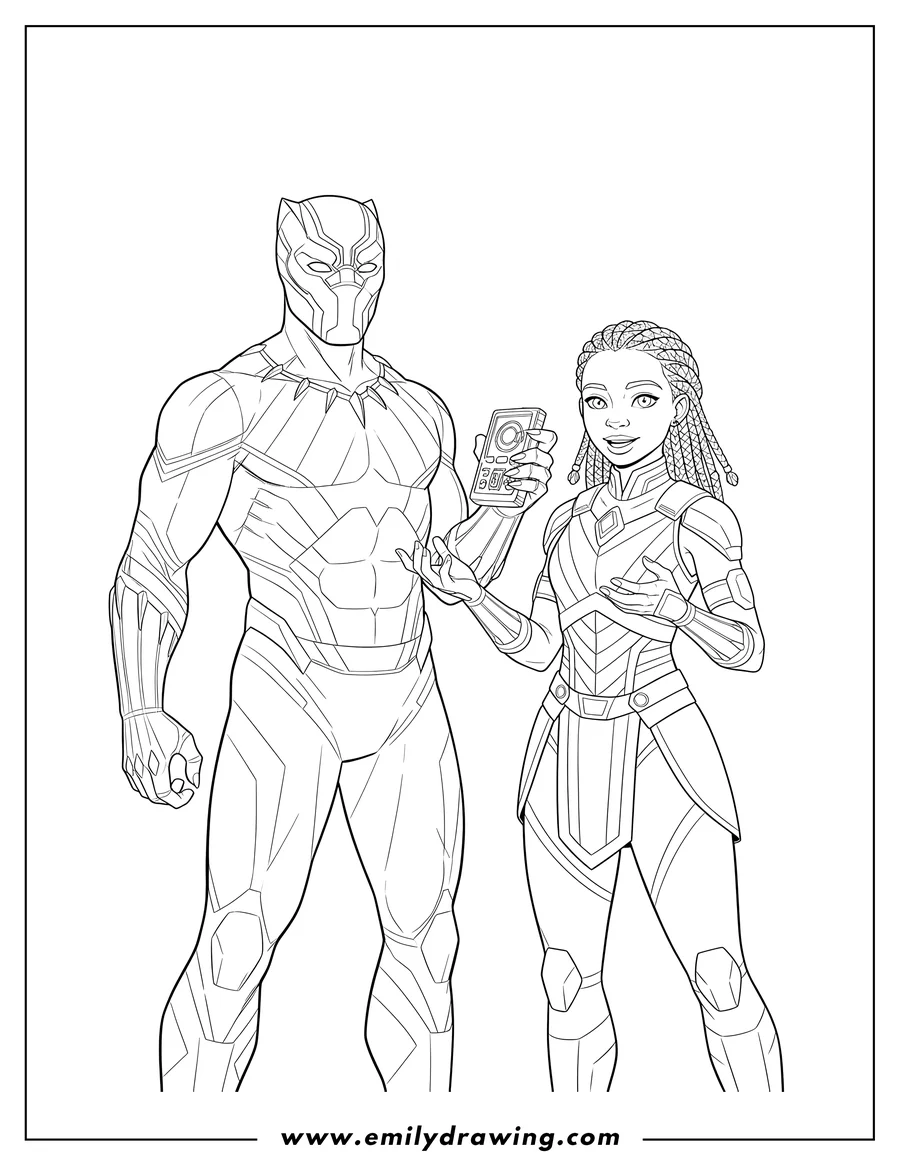 Clean line drawing: black Panther and Shuri standing, Black Panther holding a small device, Shuri gesturing