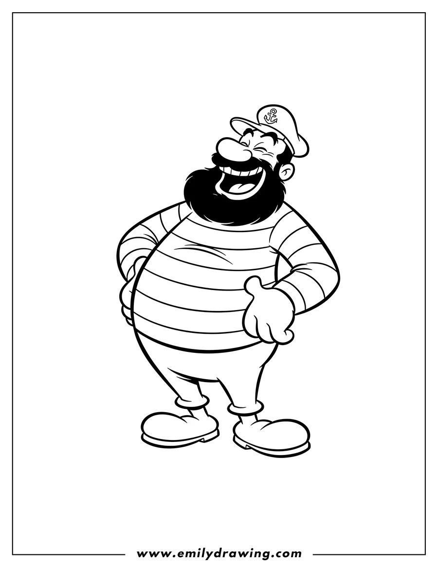 Downloadable coloring page of bluto laughing with hands on his stomach and wearing a cap, outline for preschoolers