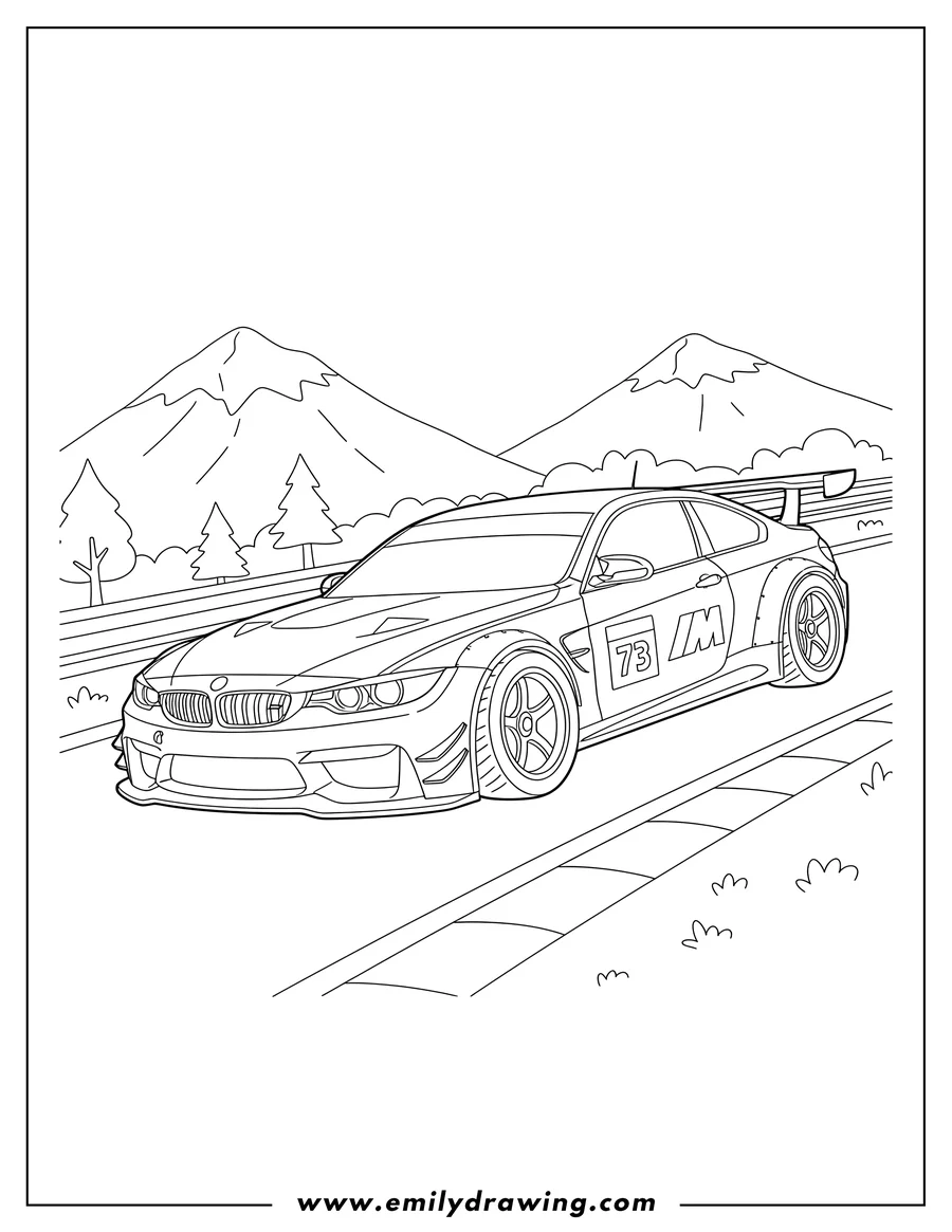 Simple sketch of bmw Race Car With Big Spoiler To Color Scaled, driving on a curved track with racing decals to color