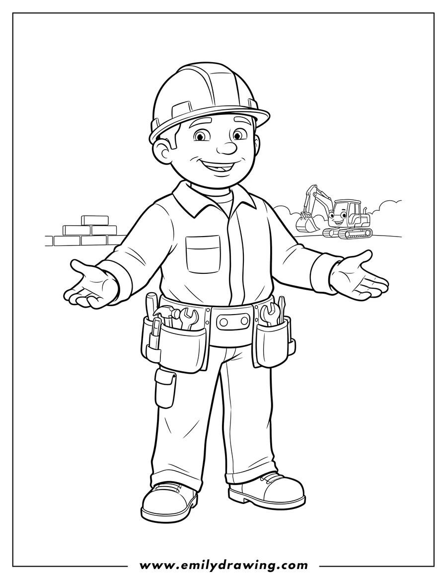 Free printable coloring sheet of bob Builder wearing a hard hat, smiling, and with a tool belt